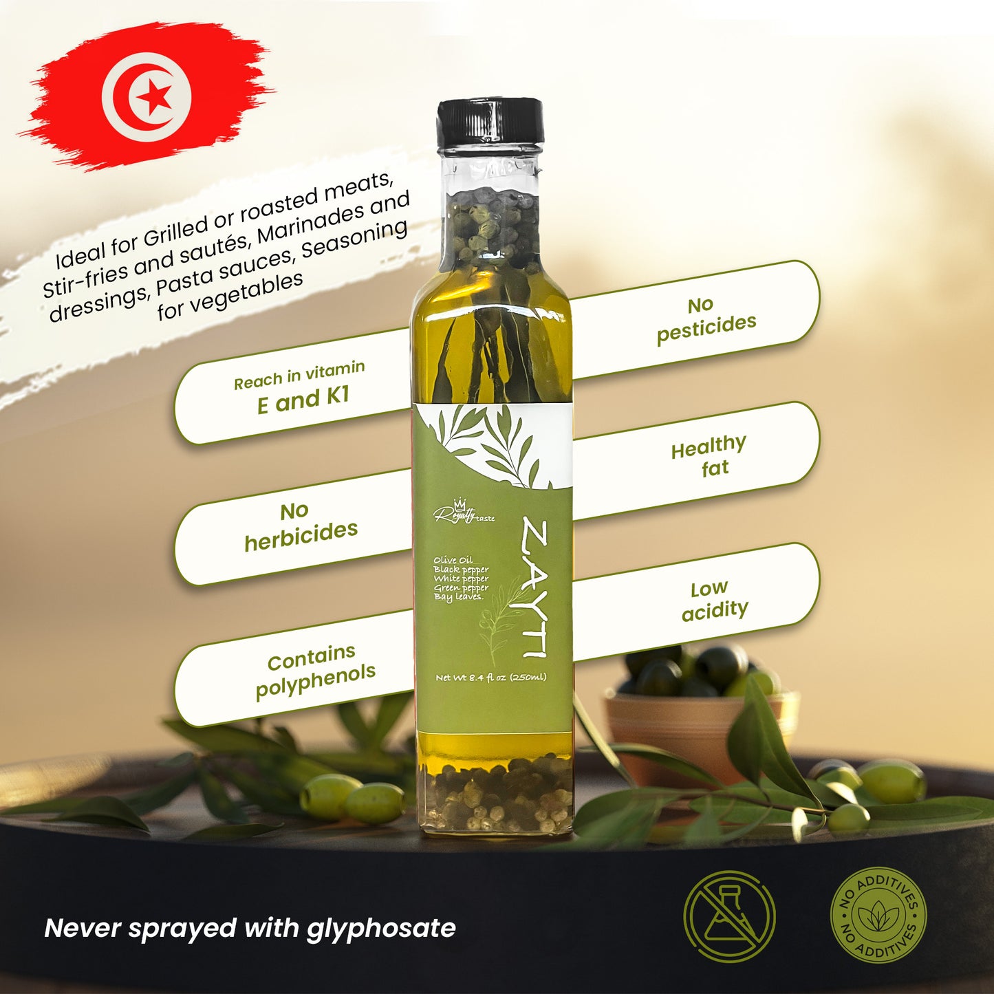 Extra Virgin Olive oil white black green pepper and bay leaves